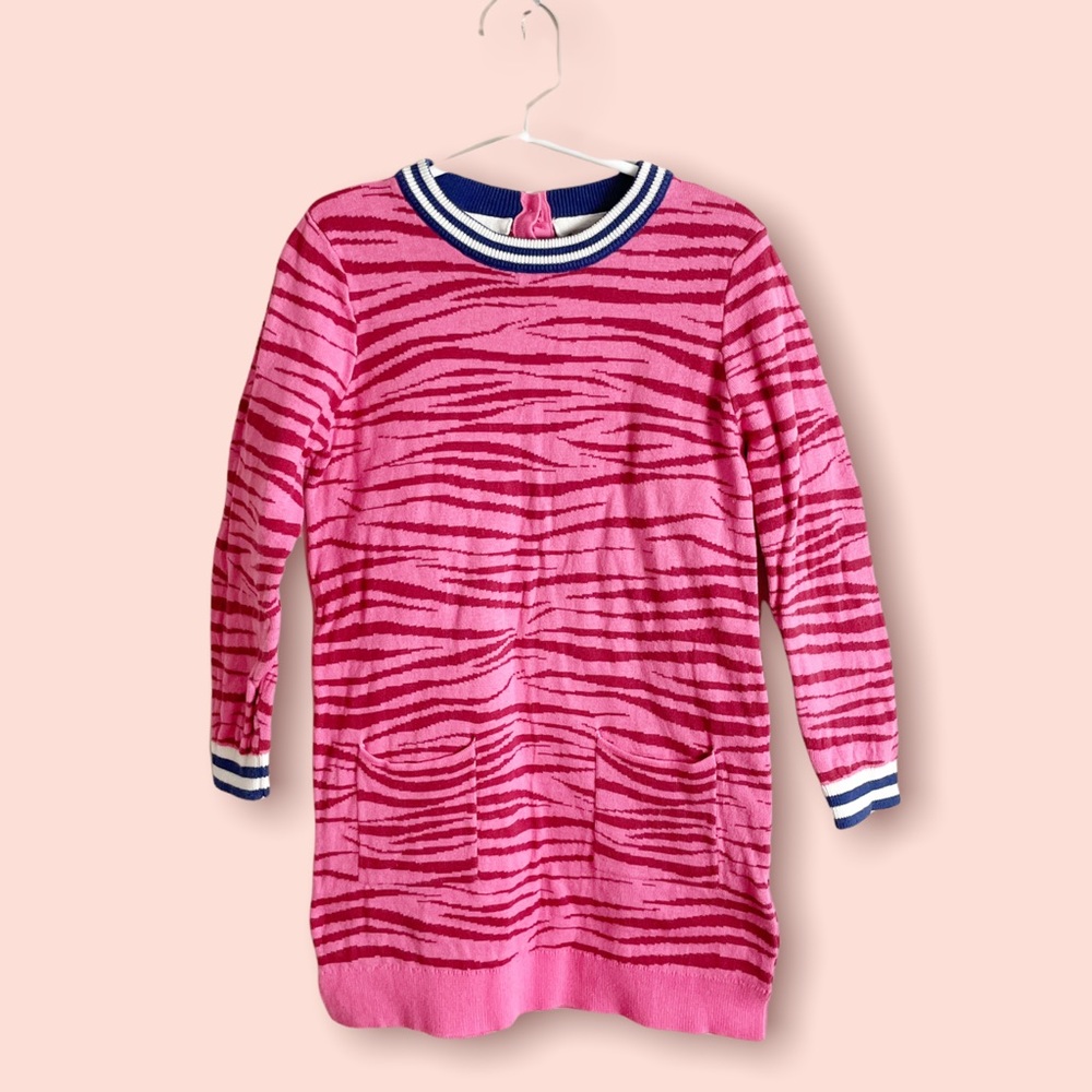 Mini Boden Girls Animal Print Sweater Dress in Pink Ruby Zebra Size 5-6 - Picture 1 of 4